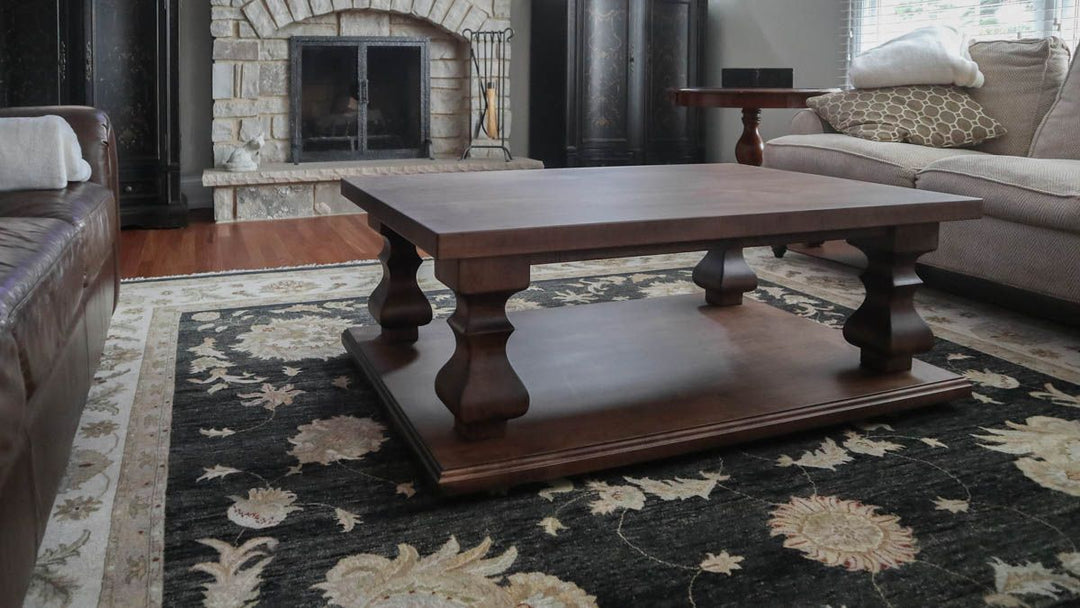 Elmhurst 2x48x18 ready made Tuscan coffee table platform hard maple thick top clean edge no distress ogee edge on platform Earthtone flat