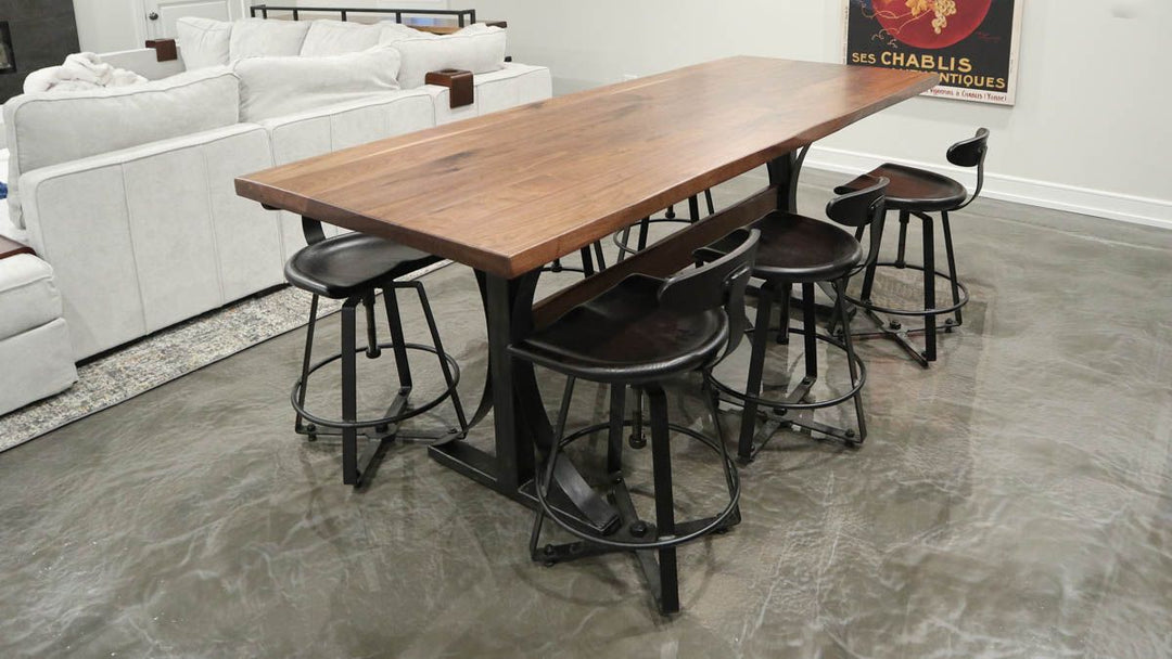 Elmhurst 36x96x36 Metal Arched walnut top thick top no apron cross brace natural wavy no distress no grooves Natural satin natural steel w patina Iron craft RO Ebony black metal