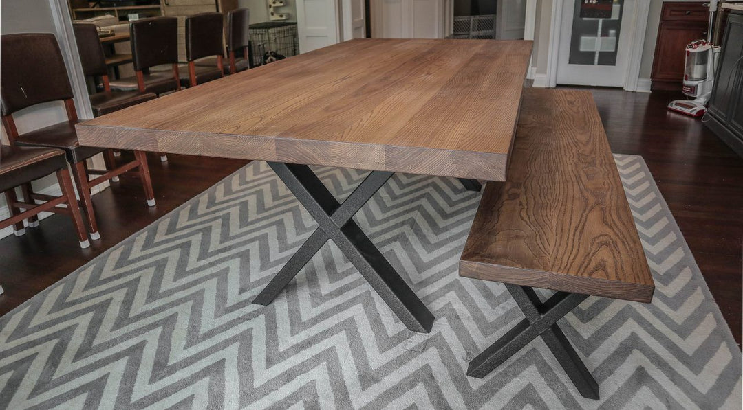 Elmhurst 42x84 metal x base 2x4 tubing all ash clean edge minimum distress thick top almond top flat splattered black base bench to match 1280x707