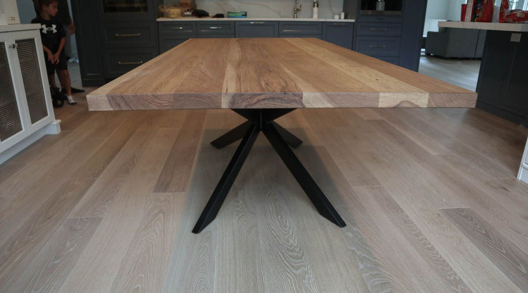 Elmhurst 42x90 Mantis ready made hickory thick top no apron clean edge no distress Almond flat Flatter Black base 2