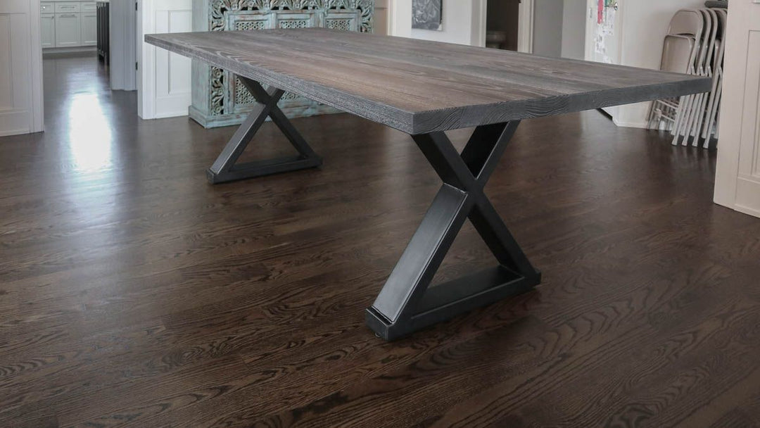 Elmhurst 44x86 Metal Connected X base 2x4 ash thick top no apron no cross brace clean edge no distress no grooves Black Espresso w white cerused flat Natural steel base 2 2