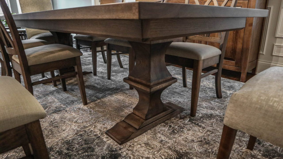 Elmhurst franklin ped 96x42 solid hickory thick top clean edge no dist tobacco with flat herrington side chairs hickory finished to match table sister fabric sheldon chair brown maple almond legs flat shell fabric