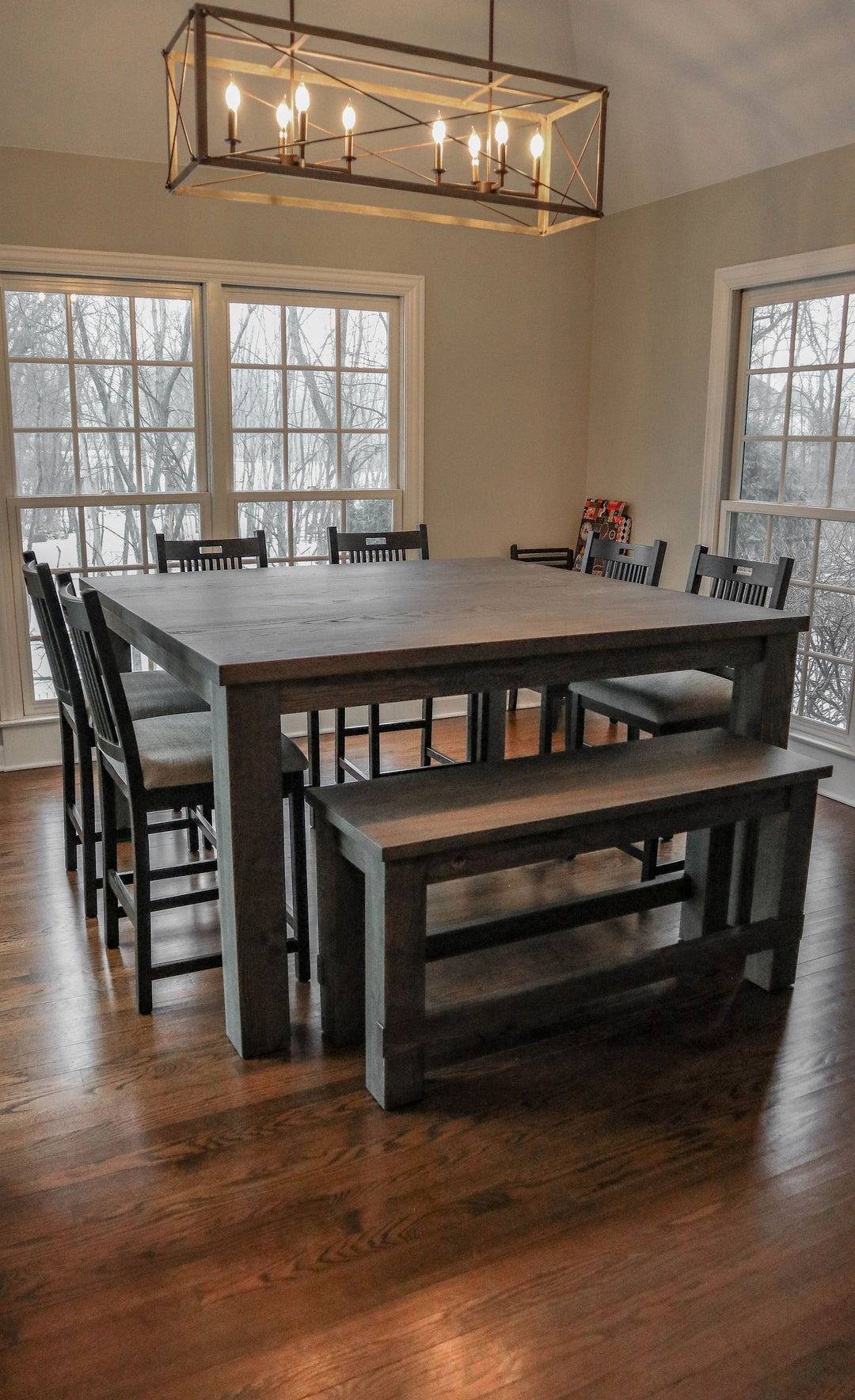 Four Leg Bench With Stretchers Ash Light Distress Clean Edge Smokey Water Flat