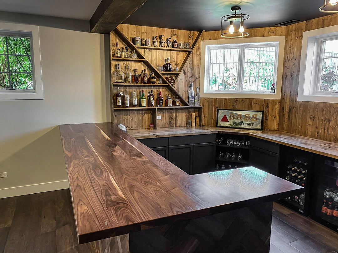 Frankfort 127.5x31.25 with 22x18.5 return top thick top all walnut no distress clean edge natural satin