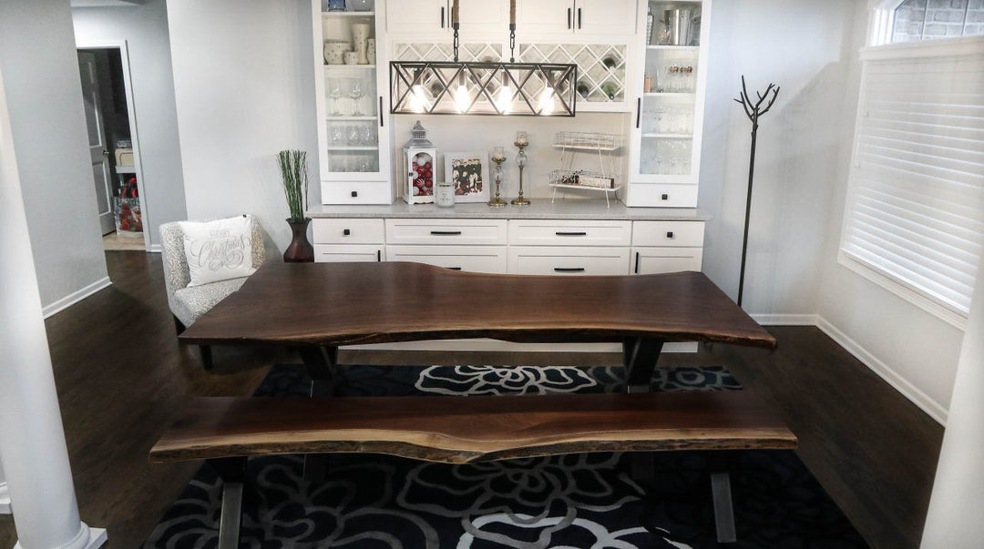 Frankfort 90Lx30T walnut slab eopxy Metal X Base natural top satin natural steel wipe on clear 2 benches 6 1280x715