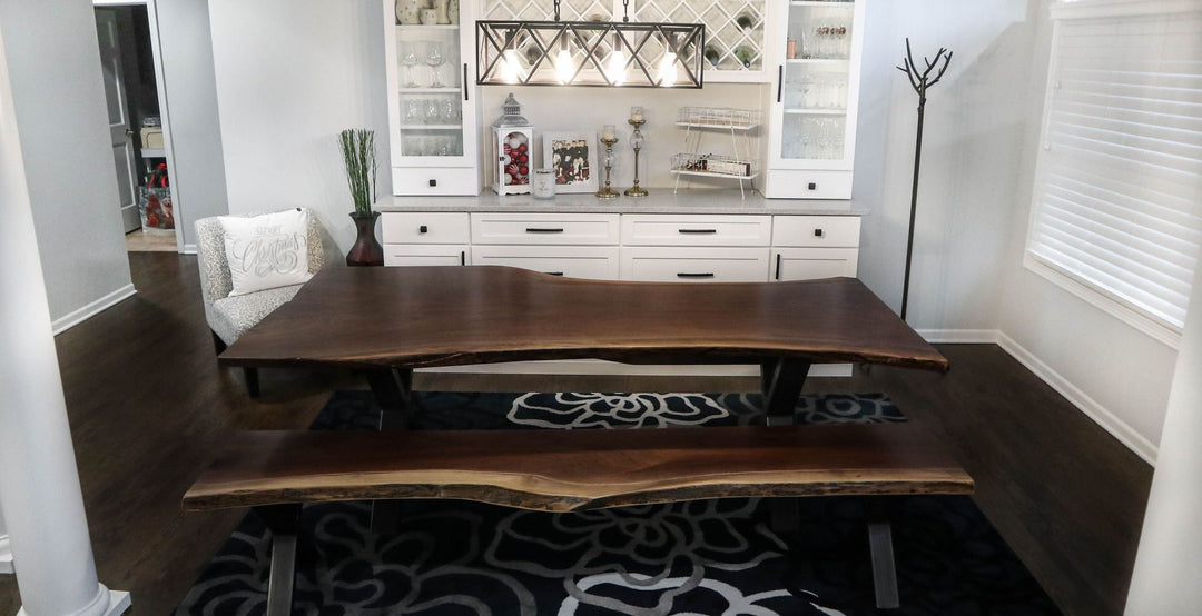 Frankfort 90Lx30T walnut slab epoxy Metal X Base natural top satin natural steel wipe on clear 2 benches 6