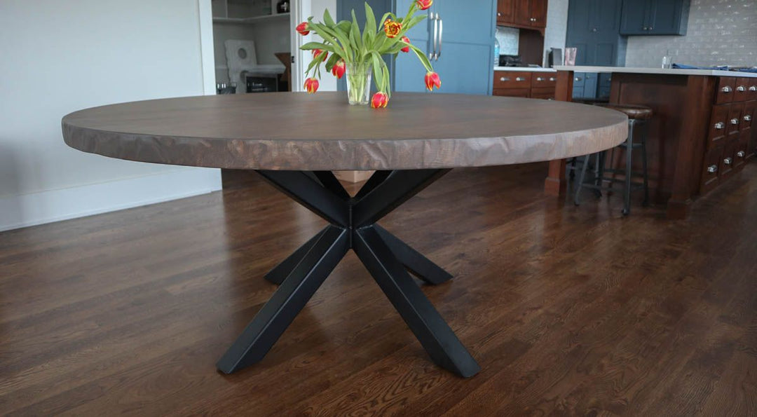 Glen Ellyn 66 round Metal Double X base hard maple extra thick top Tumbled Edge light distress no grooves Botanical flat Flatter Black - base