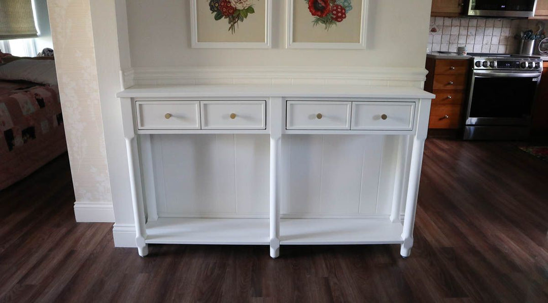 Glenview 11x58x34 custom console table Dove White flat
