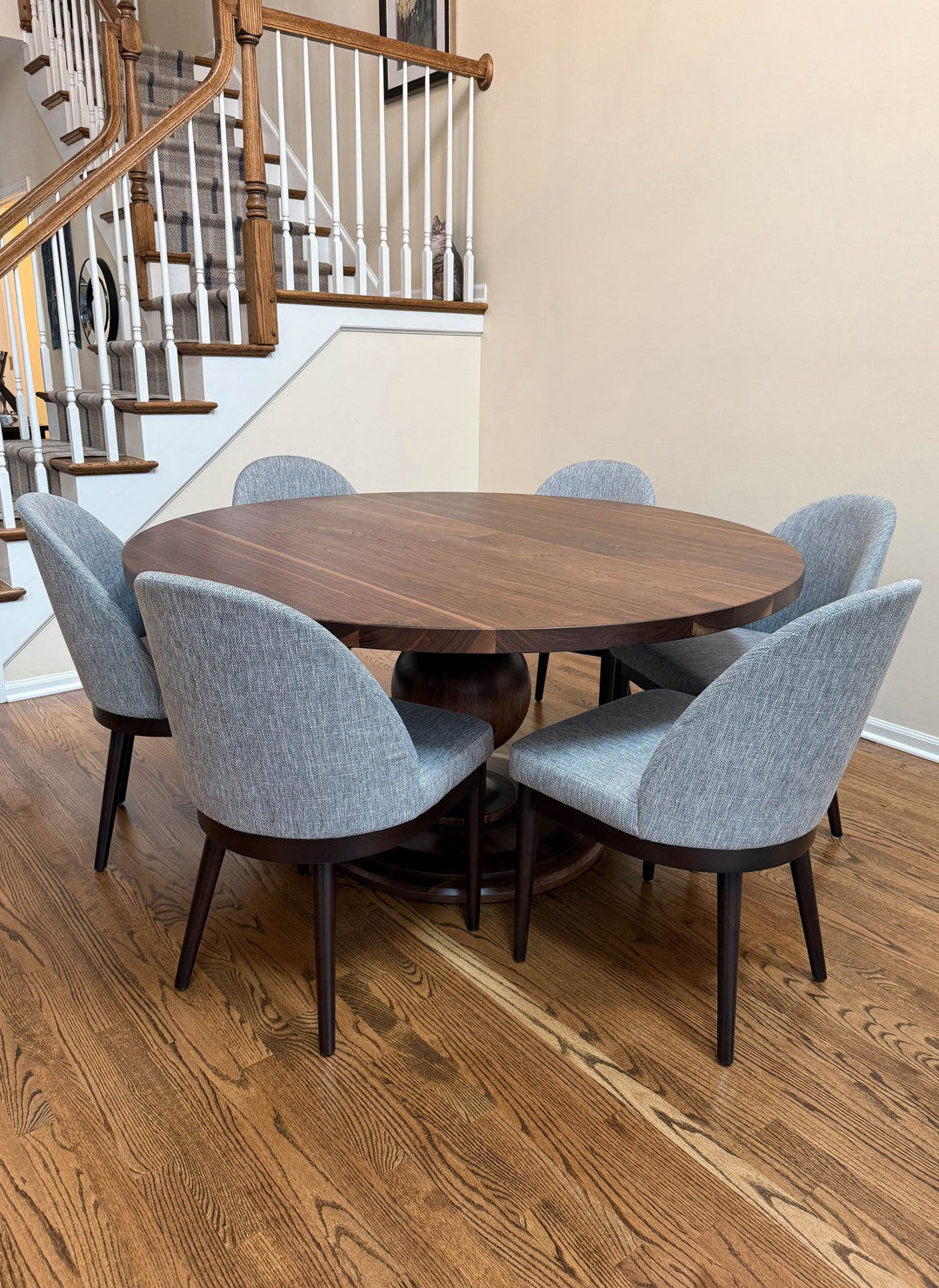 Glenview 60 Rogers Round Platform Walnut Thick Top Clean Edge No Distress Natural Satin