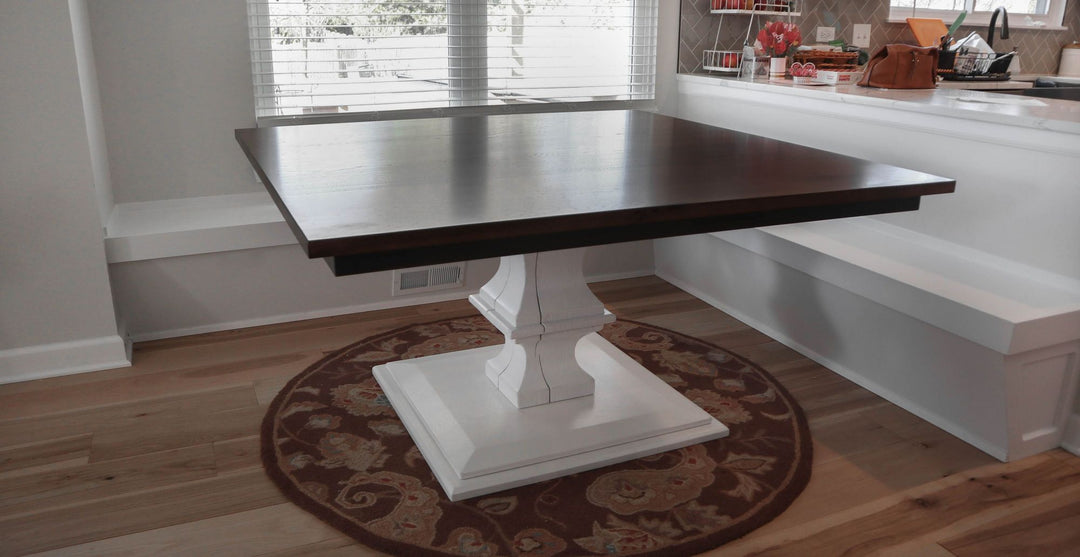 Gurnee 58x60 Franklin 12 square base hickory top _ feet standard top no distress clean edge Traditional Brown med - top solid white with scuff - base satin