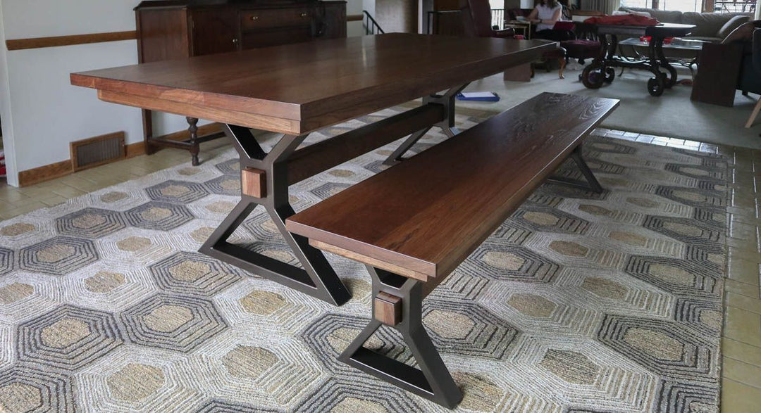 Highland Park Glen Ellyn 42x84x30 Metal X Frame Hickory thick top apron cross brace clean edge no grooves no distress Earthtone satin Bronze Chrome base bench 1