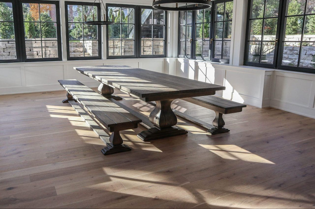 Hinsdale-48x144-Belly-12-inch-cross-brace-at-floor-ash-top-feet-tumbled-edge-grooves-medium-distress-thick-top-Prado-black-shadow-flat-2-benches