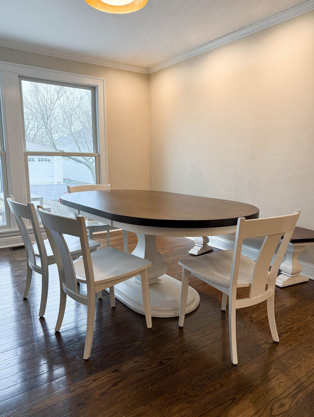 Hinsdale 42x72 Belly Racetrack Oval Thick Top With Apron Hard Maple Clean Edge No Distress Briar - TOP Solid White - BASE Satin Bench Ellen Chairs