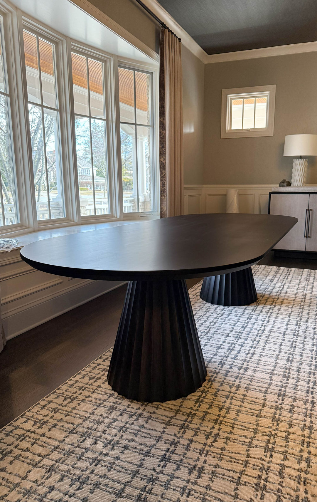 Hinsdale 46x114 Fluted Base Hard Maple Racetrack Oval Underside Bevel 1.25 Standard Top Darkened Dark Knight Flat