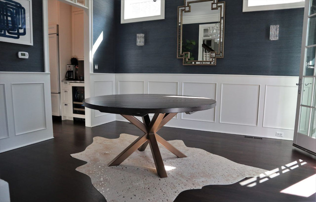 Hinsdale 60 round metal double x base 3 in version thick ash top clean edge no distress no grooves Espresso Gray satin Mist Bronze powder coat 1280x816