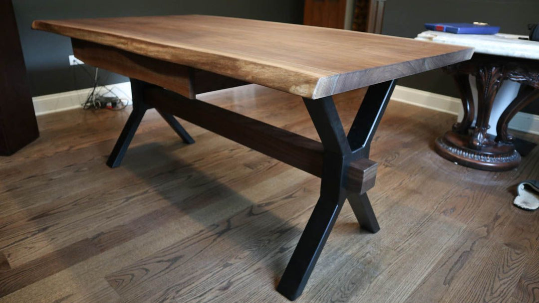 Homer Glen 36x66x30 Desk Metal X cross brace walnut slabs bookmatched natural with gold powder in epxoy flat Flatter Black base drawer