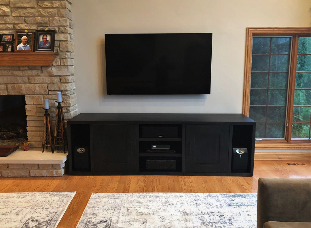 Inverness 104x31x26 media center brown maple no distress clean edge no grooves open ends open center with shelves black espresso flat