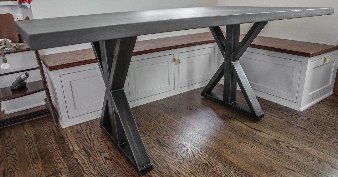 LaGrange 40x68 metal single post 3 inch ash top thick top no apron no cross brace no distress clean edge no grooves slat top flat natural steel base