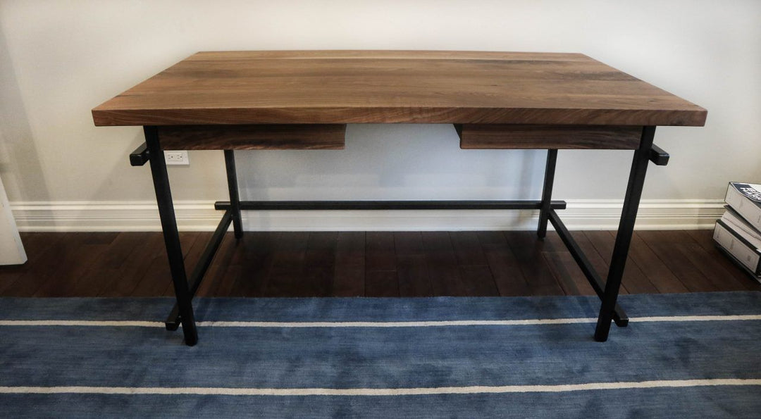 Lincolnshire 34x58 desk custom metal base 1.25 tubing drawers walnut top clean edge no distress natural flat Black Jack 1280x705