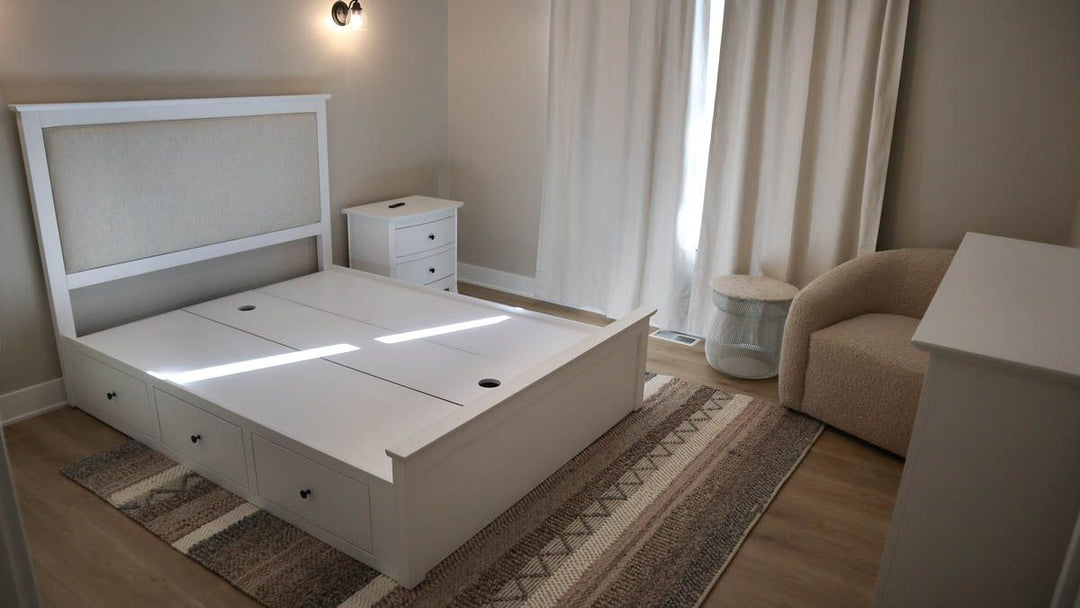 Medford Queen Bed With SRO18 Storage Rails C22-6 Canterbury Fabric 36907FB Hardware Laurel LLNS2 Nightstand Venice Bookshelf All Brown Maple Bright White Flat