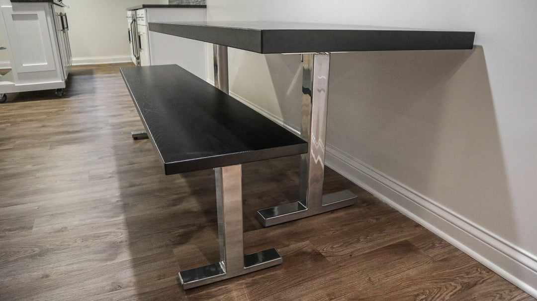 Metal-T Bench Ash Top No Cross Brace No Grooves Clean Edge Minimal Distress Black Espresso Satin Super Chrome