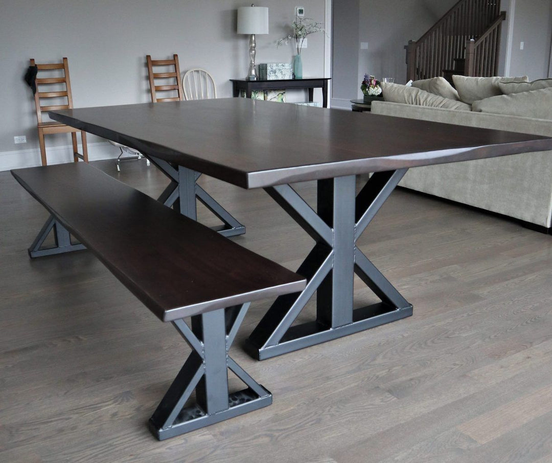 Metal Single Post Bench Walnut Thick Top No Cross Brace Minimal Distress No Grooves Natural Wavy Edge Light Brown Satin Satin Flatter Black Powder Coat