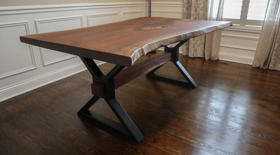 Mokena 48x74 ready made desk Box-Frame walnut live edge cross brace pencil drawer natural gold epoxy flat Flatter Black base 2