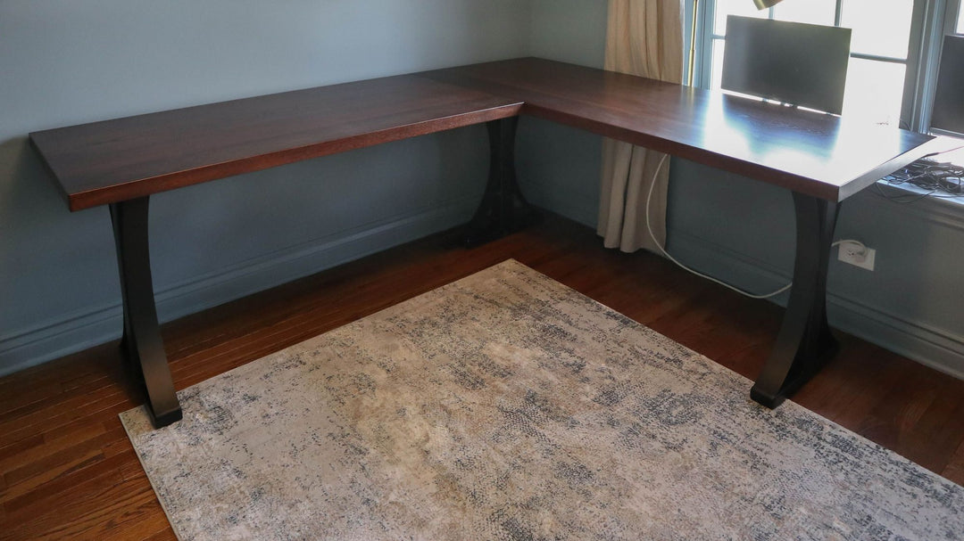 Naperville 28x72x30.5 desk with 28x56 return metal arched base hickory clean edge no distress traditional brown light satin natural steel light patina acid flat