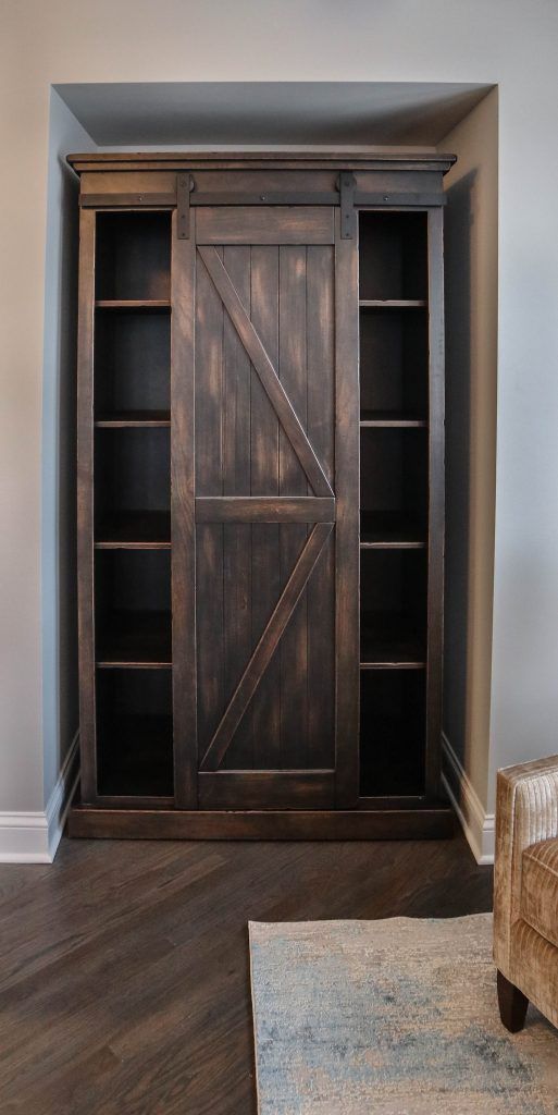 Naperville 84x48x24 Xavier Hutch 1 sliding barn door 4 adjustable shelves on each side brown maple distressed weather black