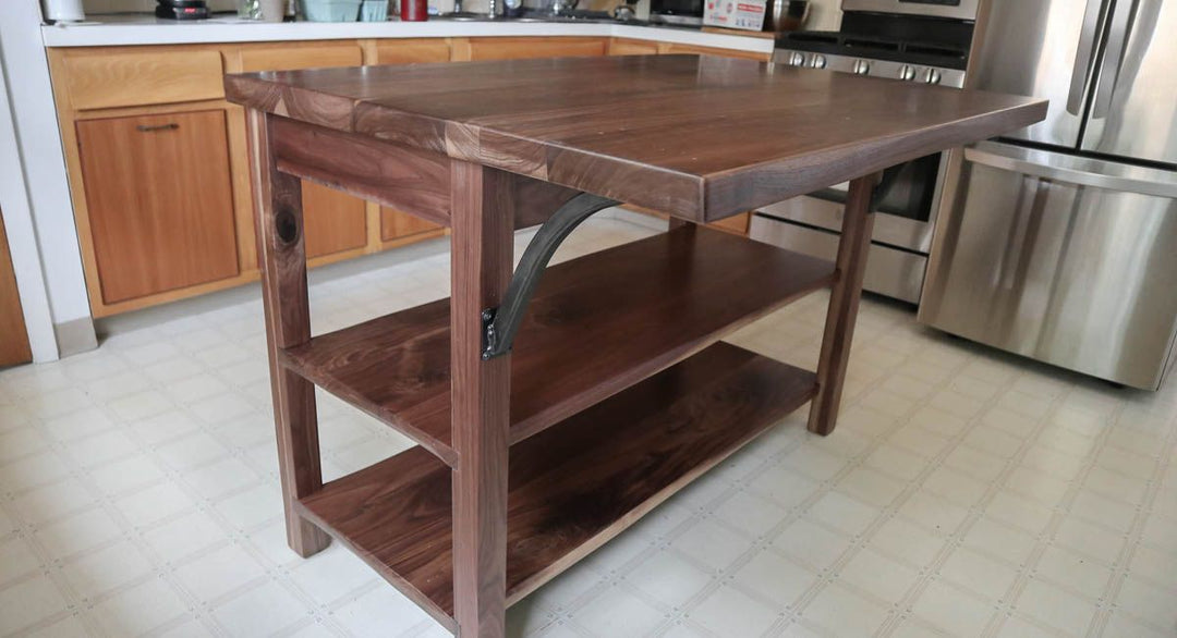 Normal 36x52x36 Island 4 leg metal arch brackets all walnut thick top medium distress natural wavy edge Natural satin natural steel brackets 2