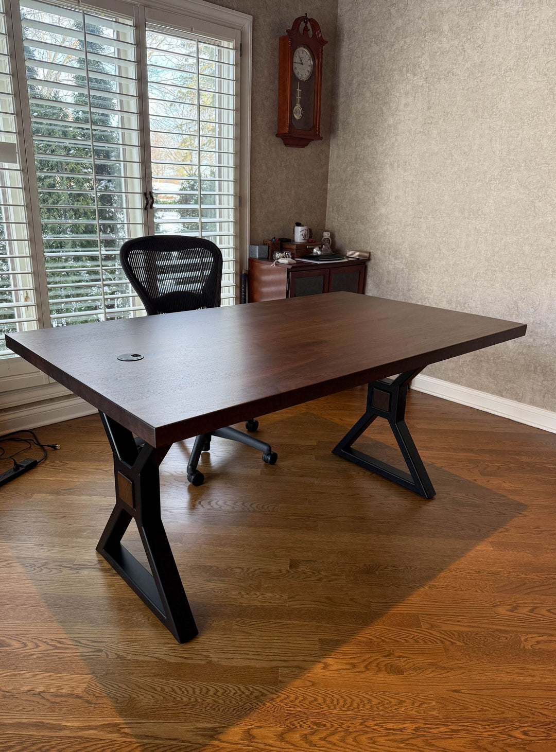 North Barrington 36x62x30 Box Frame Desk Walnut Thick Top Clean Edge No Distress Manchester Satin Flatter Black Powder Coat