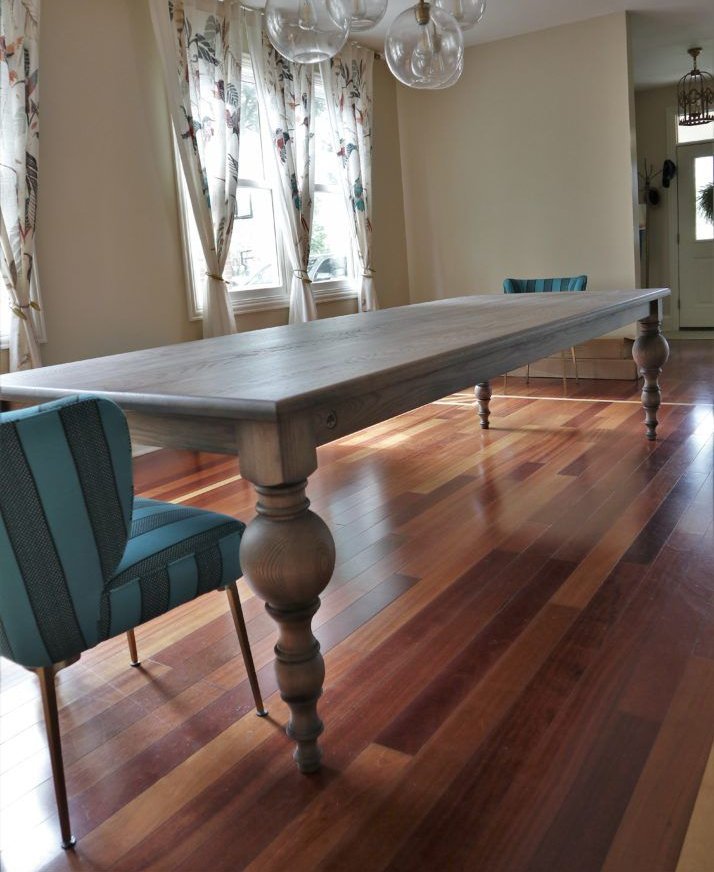 Northbrook 120x44x30 custom turned legs 3.5 tall apron with 2.5 overhang solid ash thick top 3 4 roundover on edge no grooves light distress prado more brown black shadow 714x1024