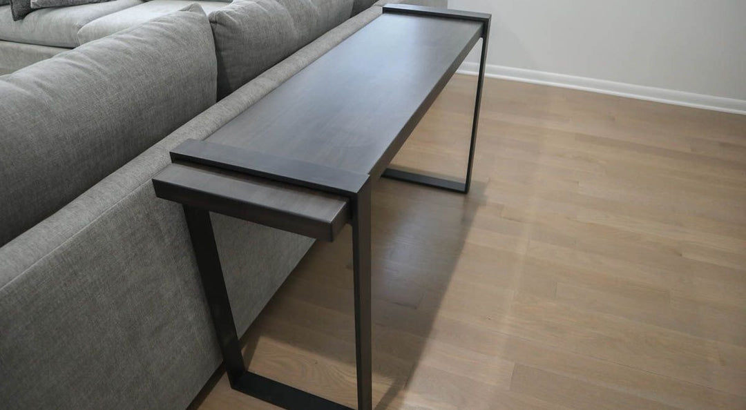 Northbrook 56x16x30 console table metal frame hard maple thick top Charcoal 10 sheen natural steel