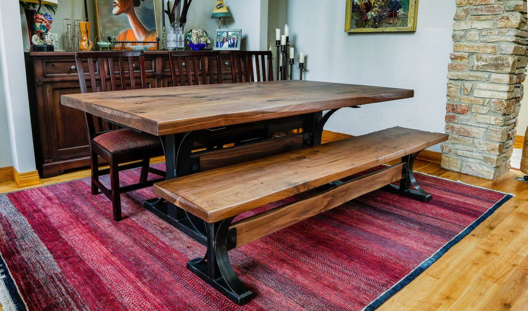 Northbrook 84x46x30 metal arched pedestal solid walnut top min distress natural wavy edge extra thick 2.25 in top custom cross 1280x755