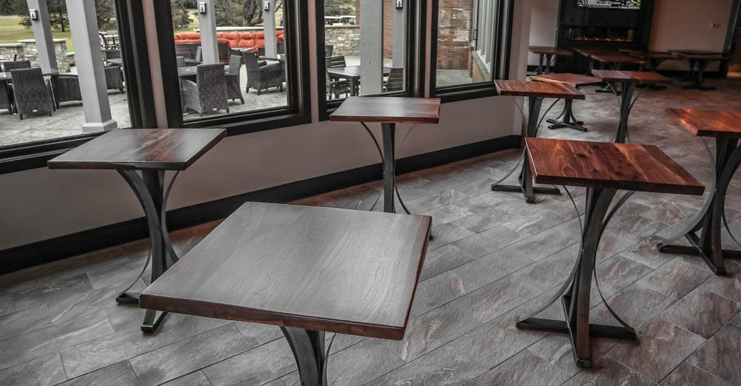 Oak-Brook-Golf-Club-Oak-Brook-30x30-36x36-thick-top-walnut-wavy-edge-bca-satin-metal-arched-natural-steel-some-grind-and-weld-marks