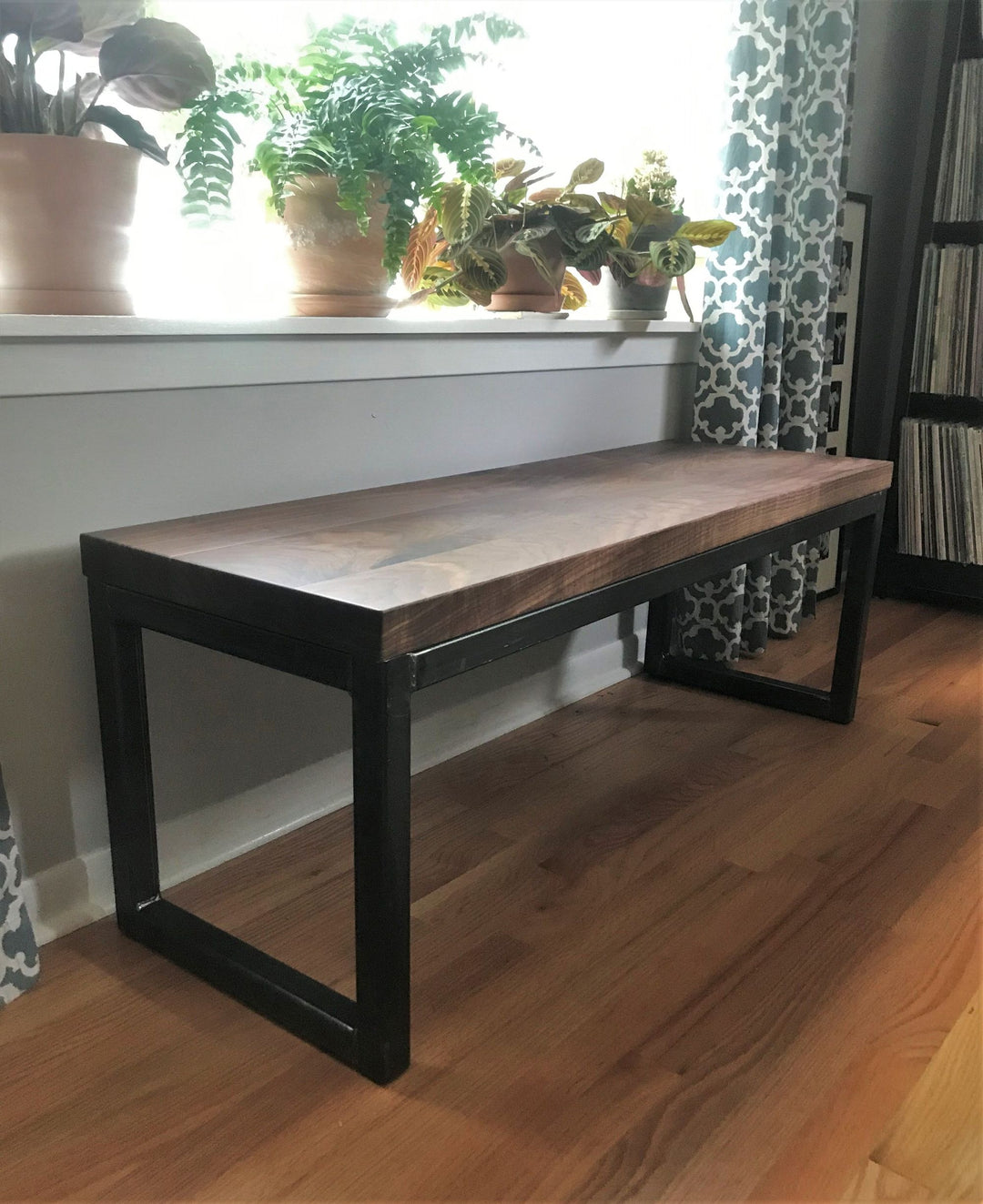 Open Picture Frame Bench Walnut Thick Top Clean Edge No Distress No Grooves Flat Natural Metal