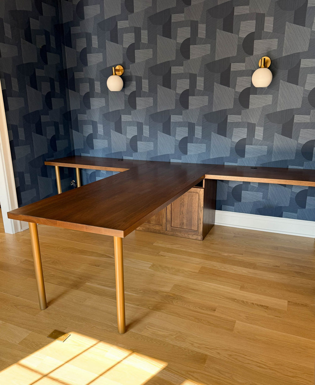 Orland Park T-Shape Desk Metal Legs Thick Top 1.75 Hickory Old Manor Miners Gold Legs