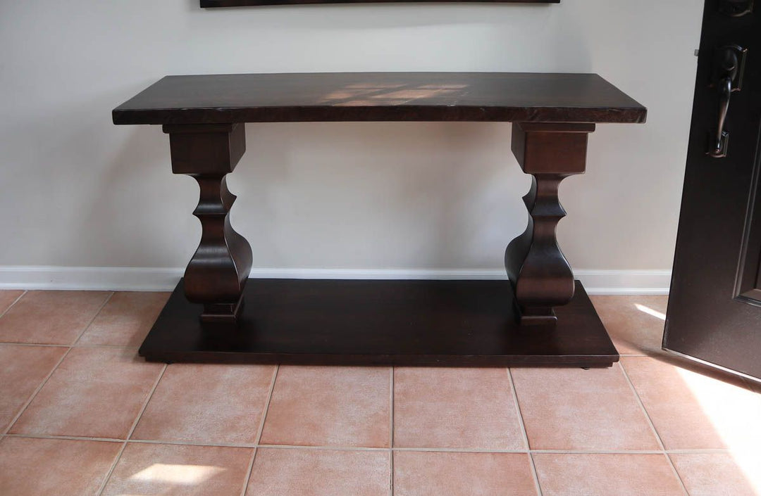 Palatine-56x15x32-console-table-all-hickory-Tuscan-thick-top-light-tumbled-edge-minimum-distress-Silverton-Brown-dark-satin