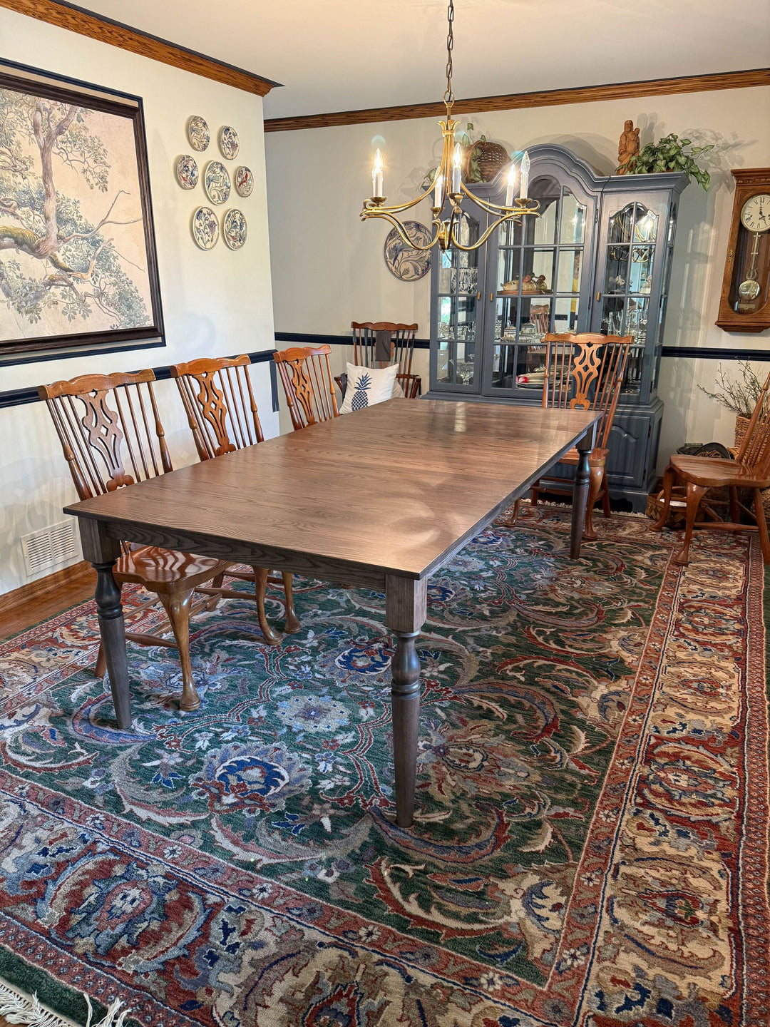 Palos Heights 44x88x30 Custom Turned Four Leg Ash Charwood Satin 19 Butterfly Self Store Leaves