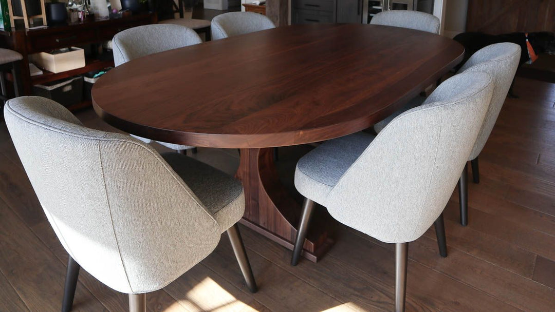 Palos Park 50x88x30 Crescent racetrack oval walnut thick top apron clean edge no distress natural flat