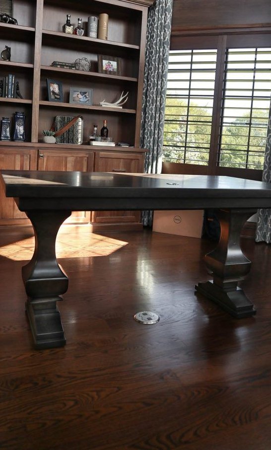 St. Charles 30x60 desk Anchor 8 hard maple thick top apron clean edge medium distress cord cut-out drawer Dark Knight Satin