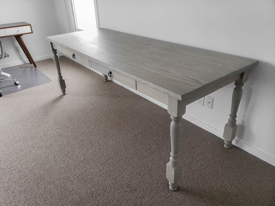 Tole Grand Beach MI 30x84x30 desk custom turned solid ash 1.5 overhang sides 2.5 on ends apron 3.5 two drawers tumbled edge medium distress on all Beachwood with cerused flat 2