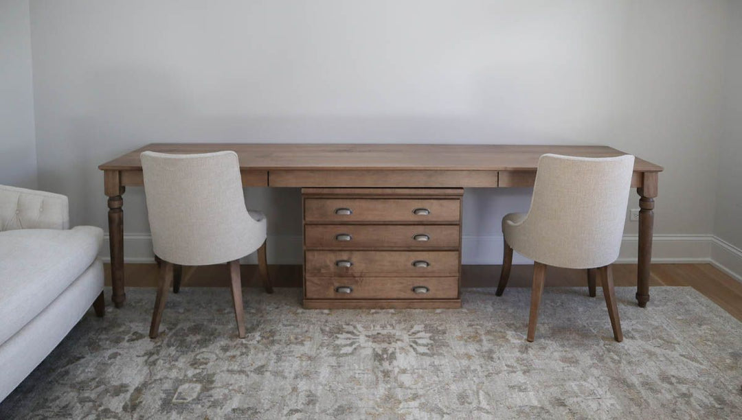 Turned Four Leg Custom Desk 26x112x30 24x32 Cabinet Crescent Chairs C29-9 Breakfast Fabric All Hard Maple Sandstone Flat