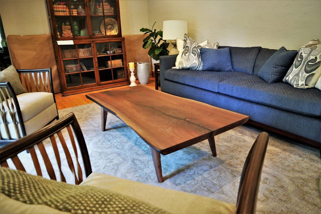Walnut Slab Coffee Table 63x28 36x16 Natural Wavy Edge Tapered Legs Irregular Shaping Flat Clear 2