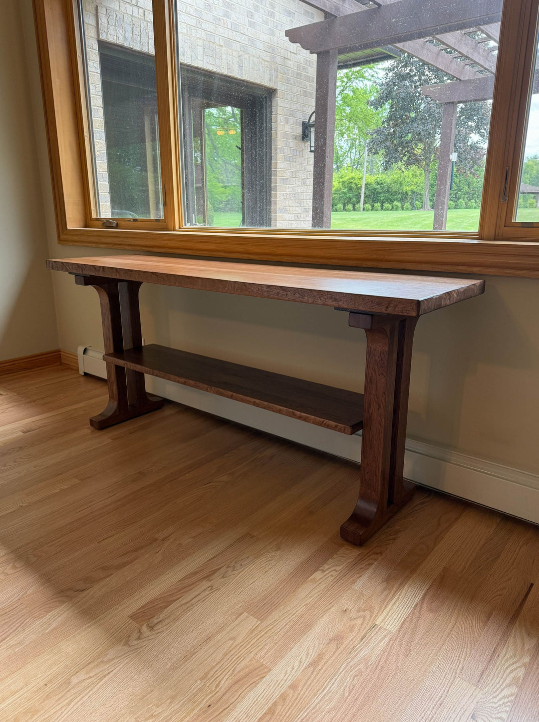 West Chicago 20x72x32 Console Rish Hickory 12 Shelf Thick Top No Apron Tumbled Edge No Distress Clove Satin