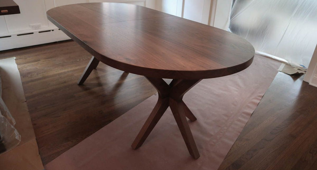 Wilmette 40x84x30 modified 3 leg Brewer racetrack oval walnut thick top clean edge no distress natural satin 2-18 drop in