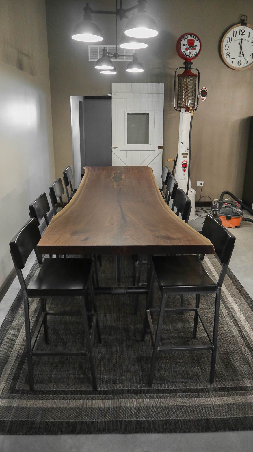 Wilmington 30-40x108x42 walnut slab custom metal pipe base 3 natural flat - top natural steel with wipe on clear REF metal stools 1