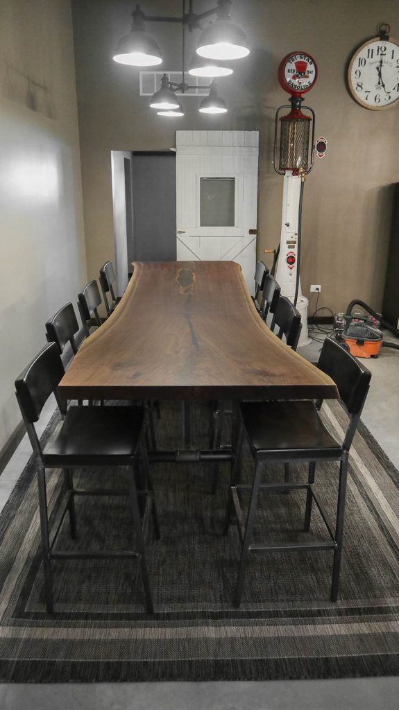 Wilmington 30 40x108x42 walnut slab custom metal pipe base 3 natural flat top natural steel with wipe on clear REF metal stools 1 575x1024