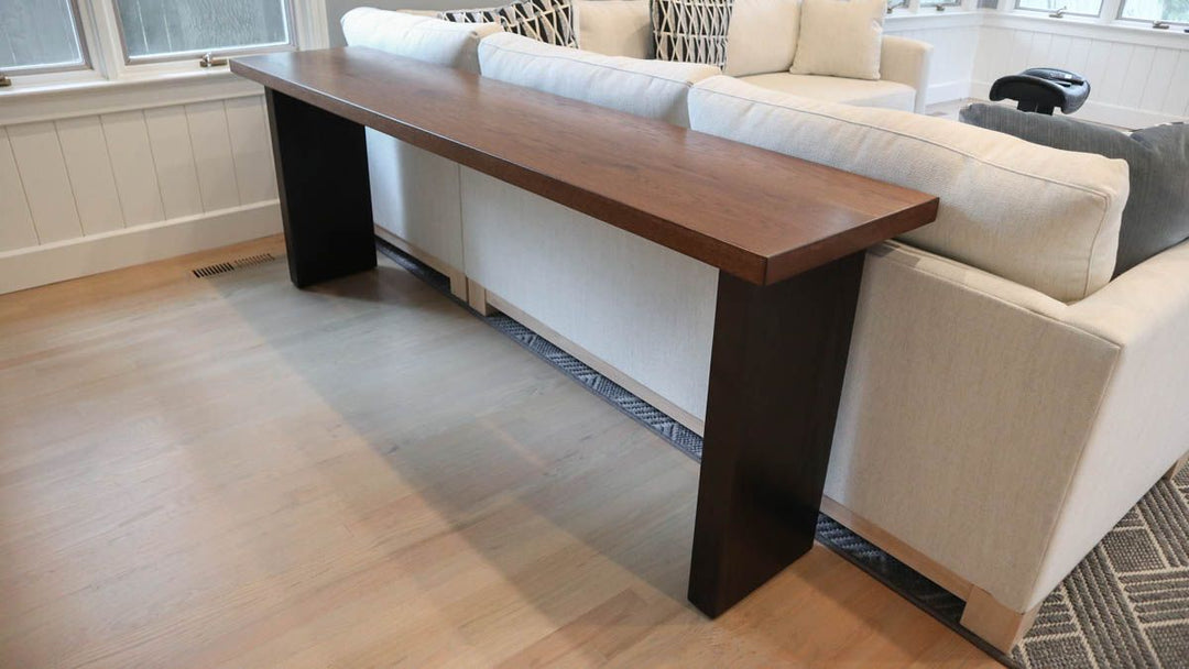 Winnetka 18x84x30 solid sides console hickory thick top 2.75 thick base 3 overhang on all sides Nutty Brown - top Black Espresso - base satin