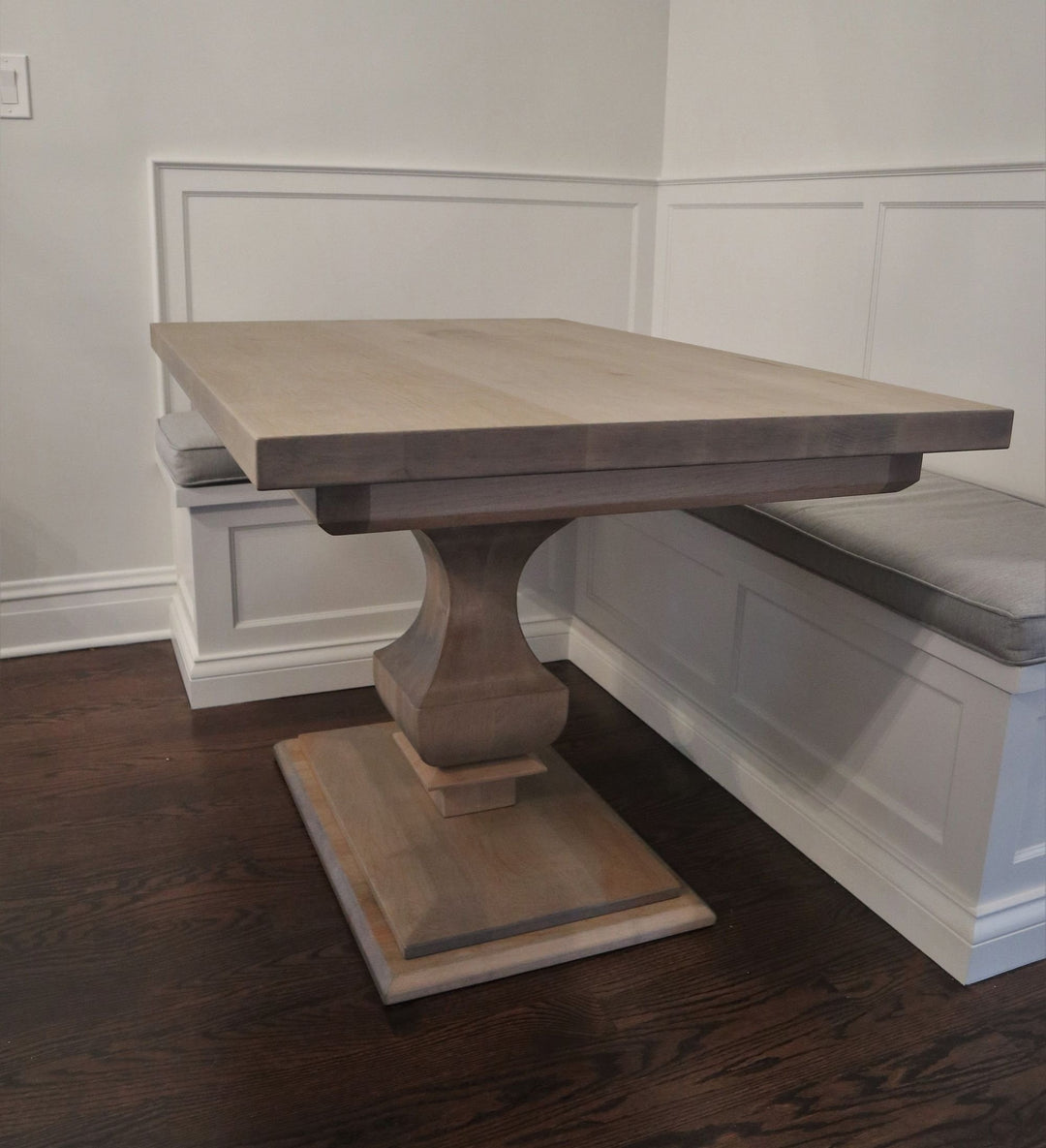 Winnetka 72x48x30 square anchor ped smaller 9 in 2.5 in apron 2.5 in tall rectangle floor base thick top solid hard maple no distress clean edge no grooves classic gray